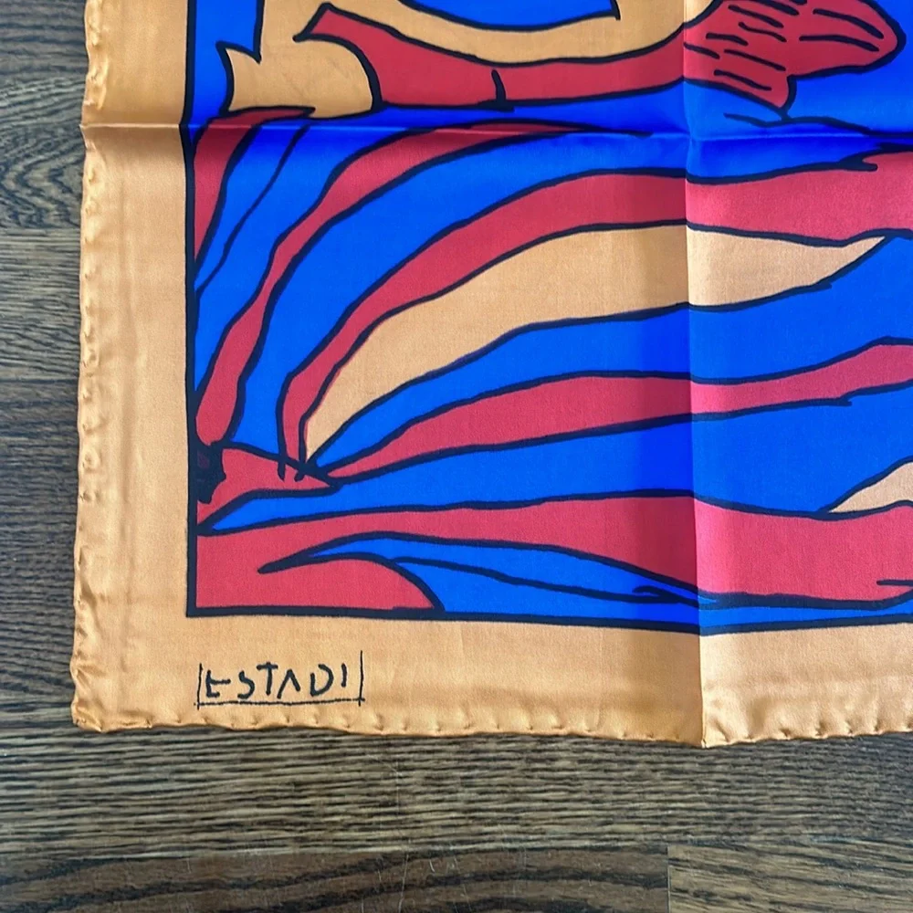 Estadi 100% Silk Twill Orange Red Blue Abstract Print Scarf Hand Rolled Hem NEW